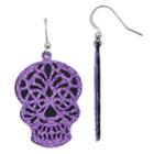 Purple Nickel Free Glittery Skull Drop Earrings, Women's
