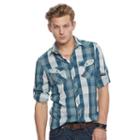 Men's Rock & Republic&reg; Plaid Stretch Poplin Button-down Shirt, Size: Small, Light Blue
