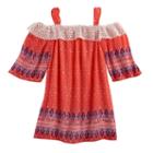 Girls 7-16 My Michelle Off Shoulder Lace Trim Bell Sleeve Printed Top, Size: 8, Med Pink