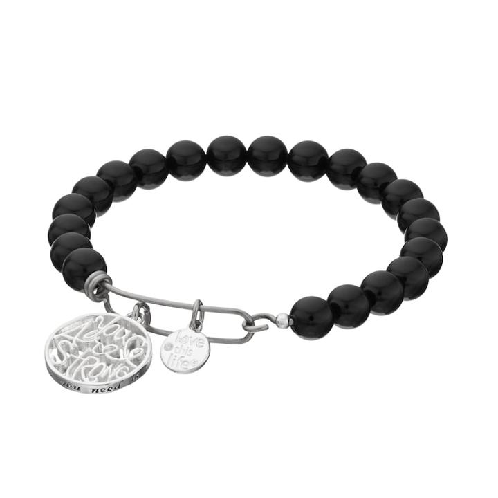 Love This Life You Are Strong Black Agate Beaded Bracelet, Women's, Silver
