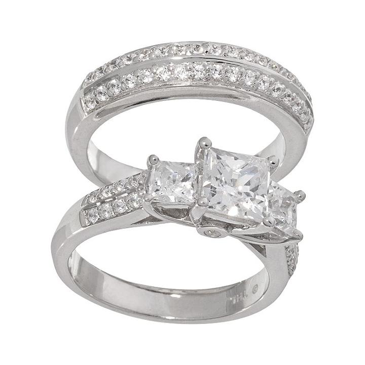 Diamonluxe Sterling Silver 2 1/4-ct. T.w. Simulated Diamond 3-stone Ring Set, Women's, Size: 8, White