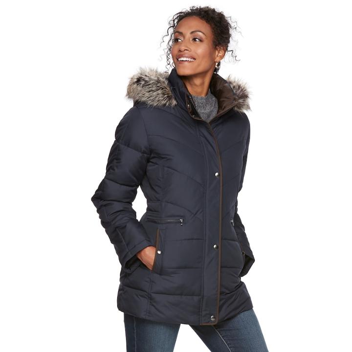 Women's Chaps Hooded Faux-fur Trim Puffer Jacket, Size: Medium, Blue (navy)