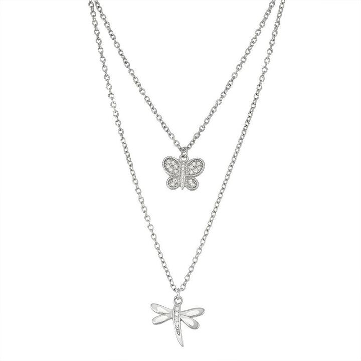 Sterling Silver Cubic Zirconia Butterfly & Dragonfly Layered Necklace, Women's, Size: 16, White
