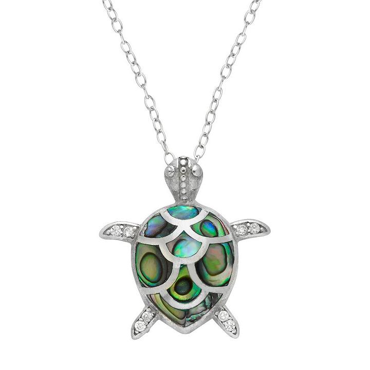 Sterling Silver Abalone & Cubic Zirconia Turtle Pendant Necklace, Women's, Size: 18, Green