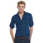 Men's Rock & Republic&reg; Plaid Heathered Stretch Button-down Shirt, Size: Xxl, Blue (navy)