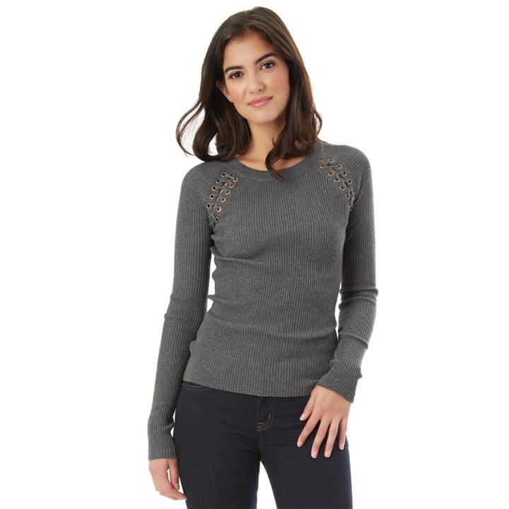 Juniors' Iz Byer California Ribbed Lace-up Sweater, Teens, Size: Medium, Light Grey