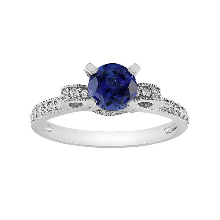 Diamond And Lab-created Sapphire Bow Engagement Ring In 10k White Gold (1/4 Ct. T.w.), Women's, Size: 7, Blue