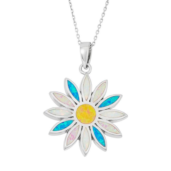 Sterling Silver Lab-created Opal Daisy Pendant Necklace, Women's, Size: 18, Multicolor