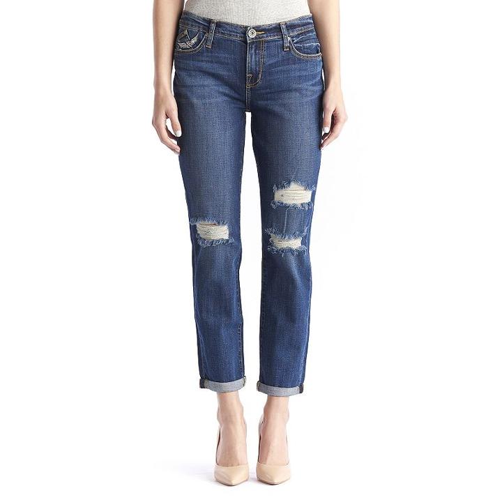 Women's Rock & Republic&reg; Indee Ripped Embroidered Boyfriend Jeans, Size: 4 - Regular, Med Blue