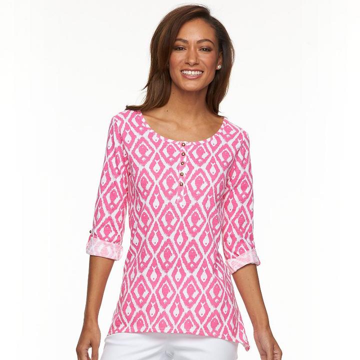 Women's Caribbean Joe Ikat Fish Shark-bite Tee, Size: Medium, Med Pink