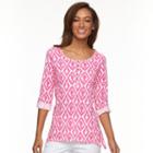 Women's Caribbean Joe Ikat Fish Shark-bite Tee, Size: Medium, Med Pink