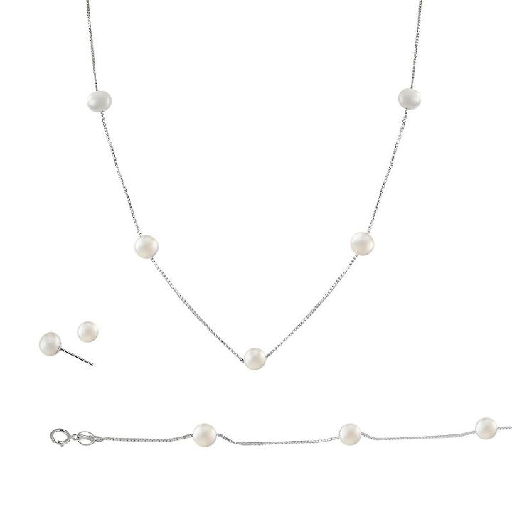 Sterling Silver Freshwater Cultured Pearl Necklace, Bracelet And Earring Set, Women's, White