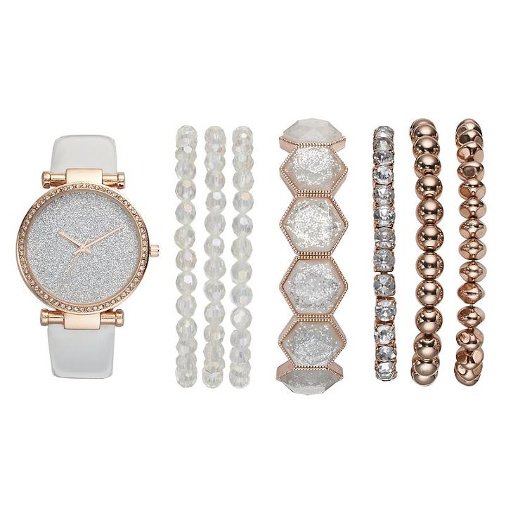 Women's Glittery Watch & Bracelet Set, Size: Medium, White
