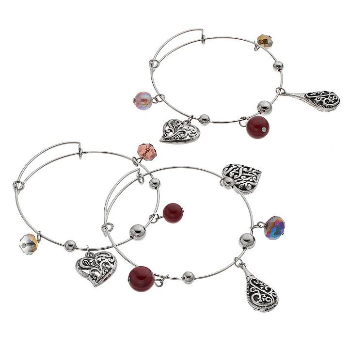 Antiqued Heart & Teardrop Charm Bangle Bracelet Set, Women's, Dark Red