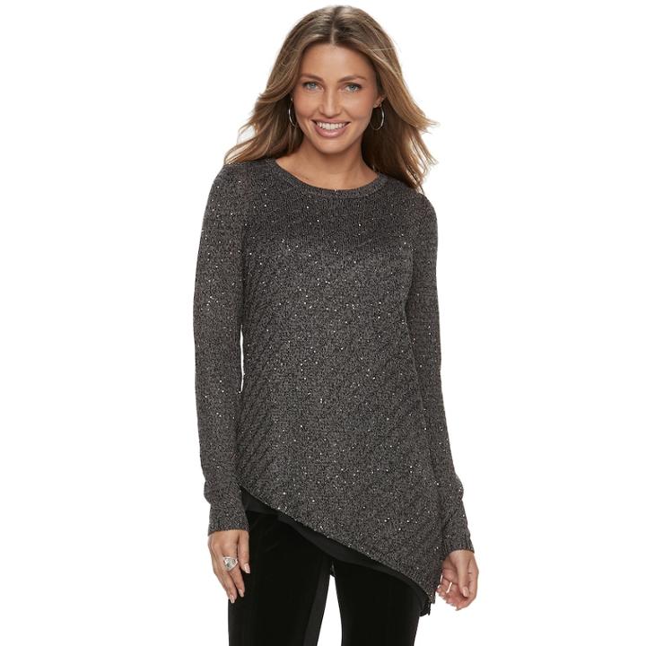Women's Apt. 9&reg; Asymmetrical Sequin Crewneck Sweater, Size: Large, Black