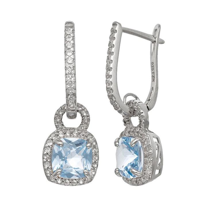 Sterling Silver Lab-created Aquamarine And Lab-created White Sapphire Square Halo Drop Earrings, Women's, Blue