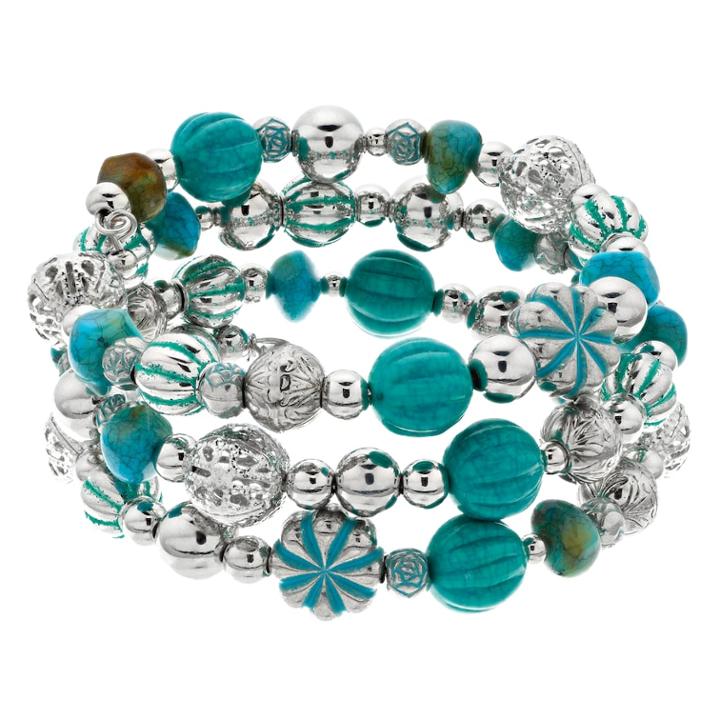 Aqua & Silver Tone Bead Coil Bracelet, Women's, Turq/aqua
