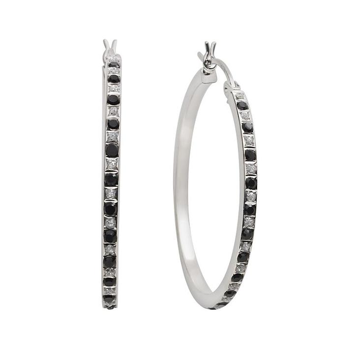 Diamond Mystique Platinum Over Silver Black And White Diamond Accent Hoop Earrings, Women's