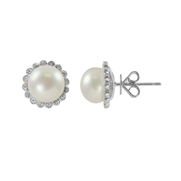 Sterling Silver Freshwater Cultured Pearl And Diamond Accent Flower Stud Earrings, Women's, Grey