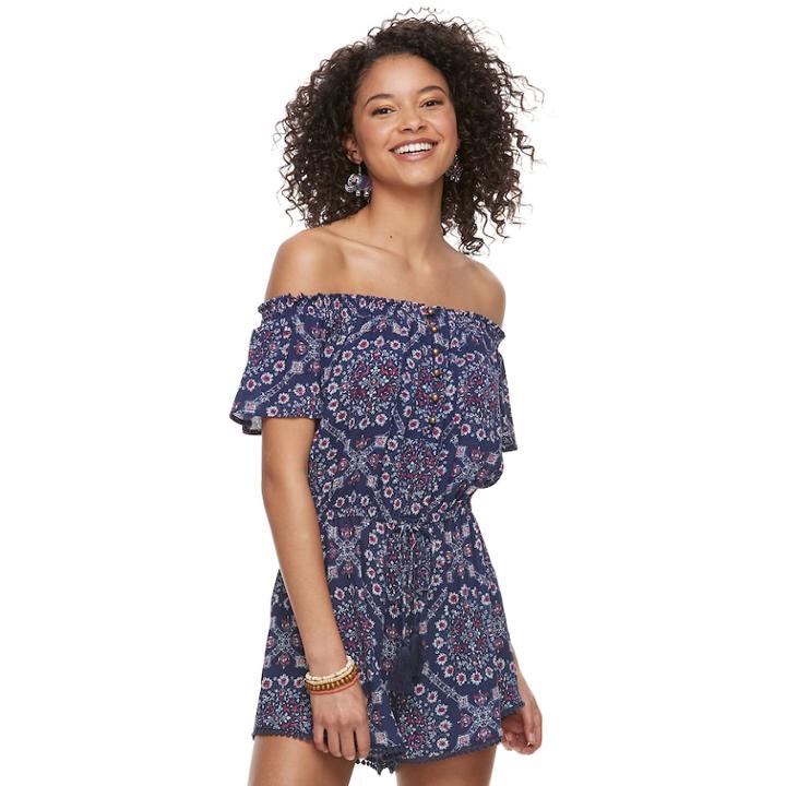 Juniors' Rewind Off The Shoulder Romper, Teens, Size: Medium, Blue