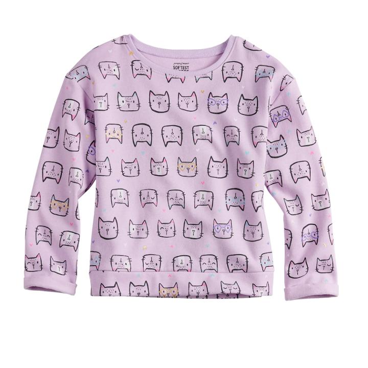 Girls 4-10 Jumping Beans&reg; Crewneck Fleece Cat Print Sweatshirt Top, Size: 10, Lt Purple