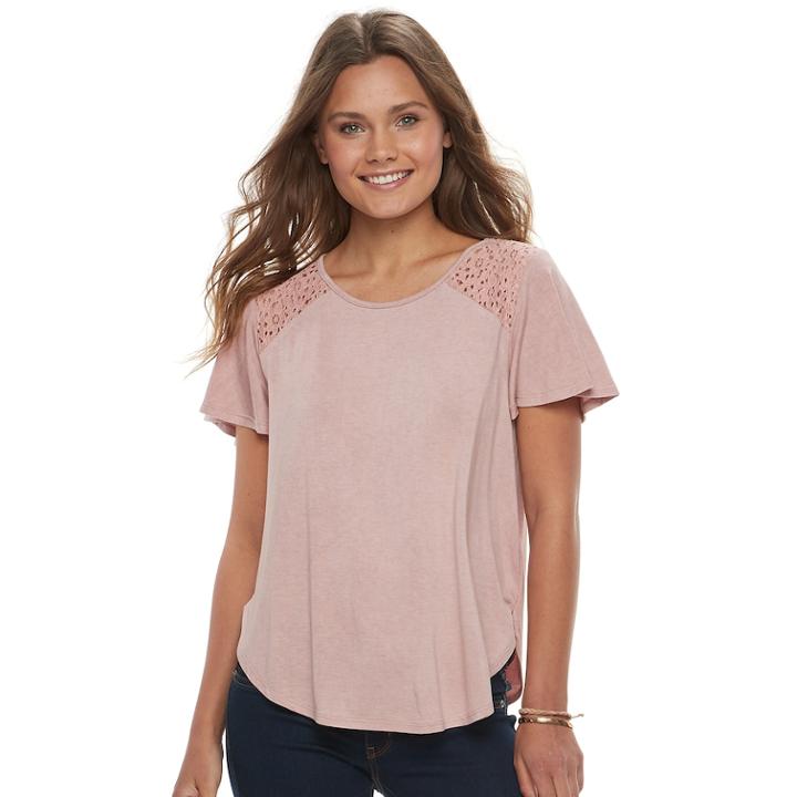 Juniors' Rewind Crochet Shoulder Tee, Teens, Size: Medium, Pink