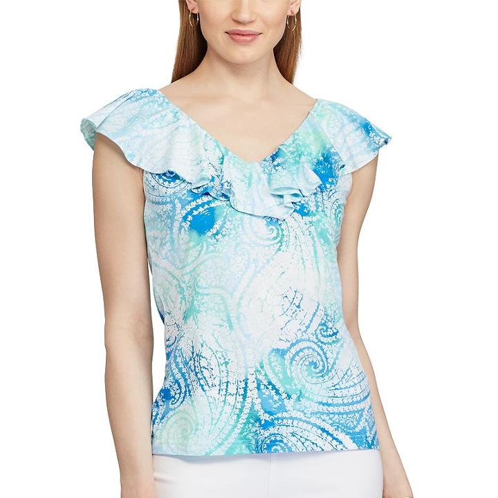 Women's Chaps Printed Ruffled Top, Size: Small, Pink Ovrfl