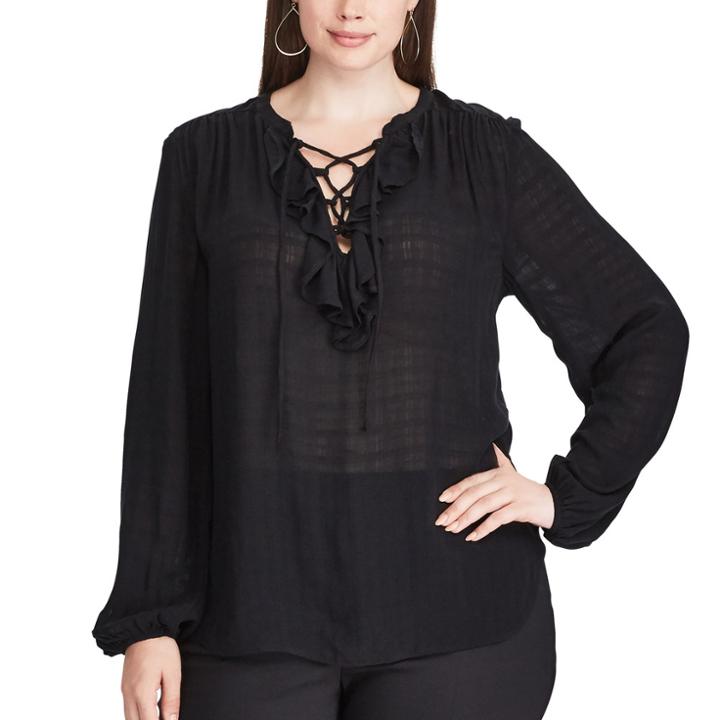 Plus Size Chaps Ruffle Lace-up Peasant Top, Women's, Size: 1xl, Black