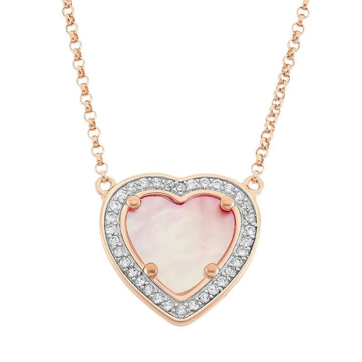 Pink Mother-of-pearl & Lab-created White Sapphire 18k Rose Gold Over Silver Heart Halo Necklace, Women's, Size: 18