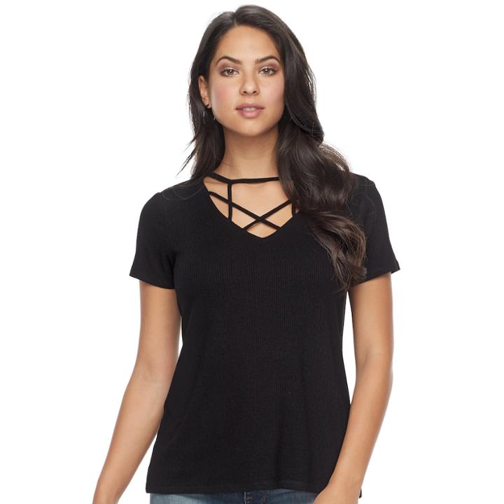Women's Rock & Republic&reg; Strappy V-neck Tee, Size: Xs, Black