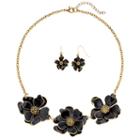 Black Flower Statement Necklace & Drop Earring Set, Women's