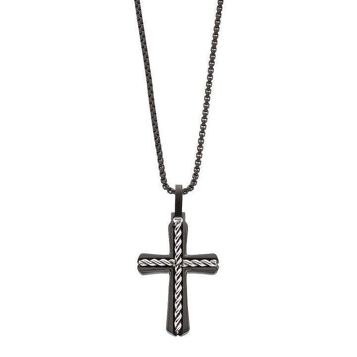 Lynx Men's Two Tone Stainless Steel Textured Cross Pendant Necklace, Size: 24, Silver