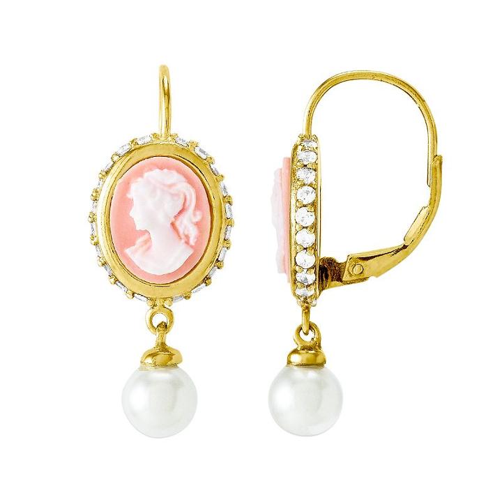 14k Gold Over Silver Simulated Pearl And Cubic Zirconia Cameo Drop Earrings, Women's, White