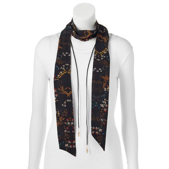 Mudd&reg; Floral Skinny Scarf & Feather Lariat Necklace Set, Women's, Black