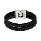 Stainless Steel Leather Braided Bracelet - Men, Size: 8, Black
