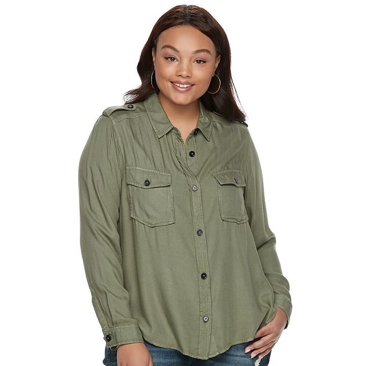Juniors' Plus Size Mudd&reg; Solid Utility Shirt, Teens, Size: 2xl, Med Green