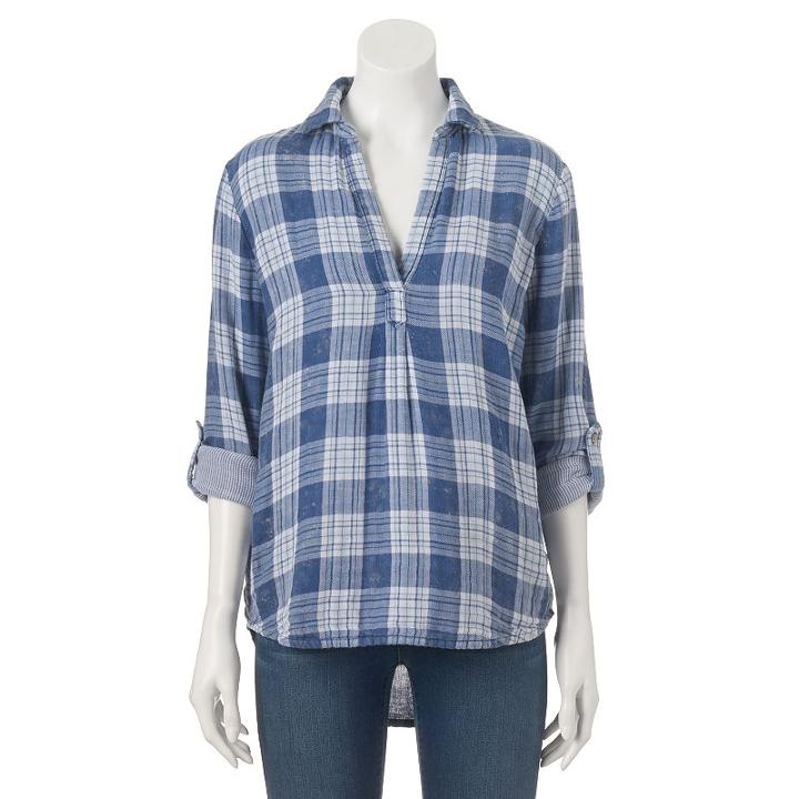 Women's Sonoma Goods For Life&trade; High-low Hem Plaid Shirt, Size: Medium, Blue (navy)