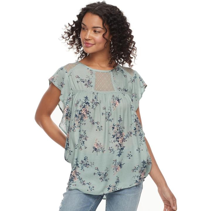 Juniors' Rewind Floral Flutter Sleeve Top, Teens, Size: Xl, Green