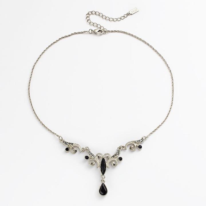 1928 Silver Tone Simulated Crystal Filigree Y Necklace, Women's, Size: 16, Black
