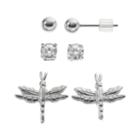 Cubic Zirconia Sterling Silver Dragonfly & Ball Stud Earring Set, Women's, Grey