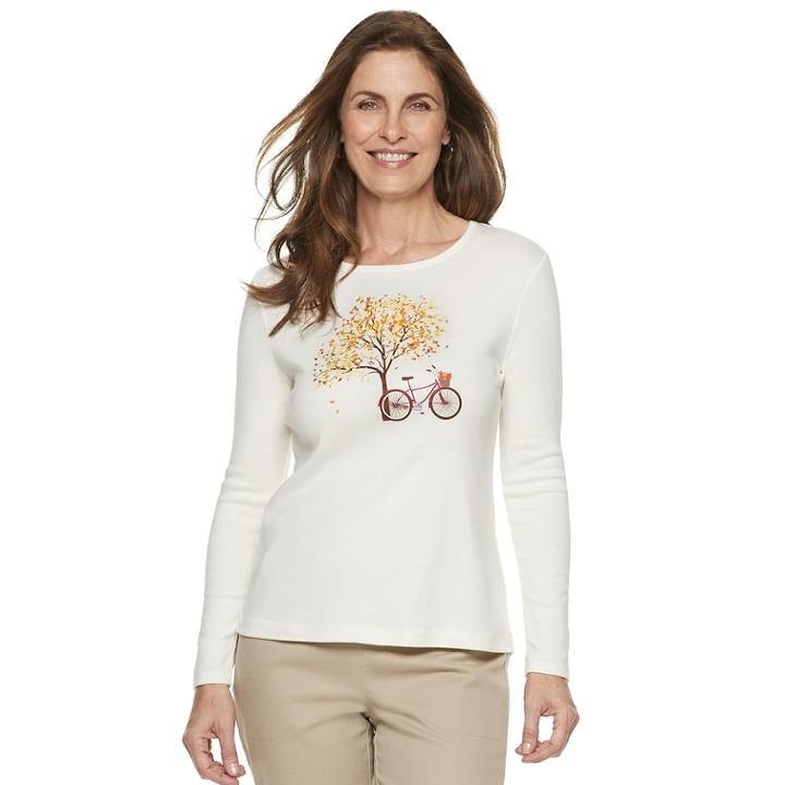 Petite Croft & Barrow&reg; Harvest Motif Long Sleeve Top, Women's, Size: M Petite, White