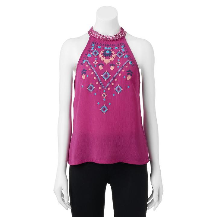 Juniors' About A Girl Crochet Halter Top, Size: Large, Brt Pink