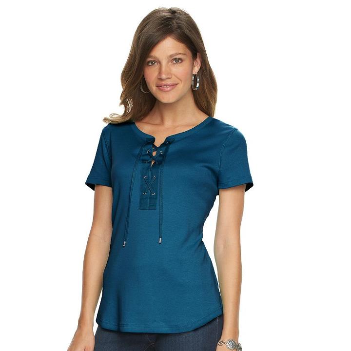 Women's Chaps Lace-up Tee, Size: Large, Blue (navy)