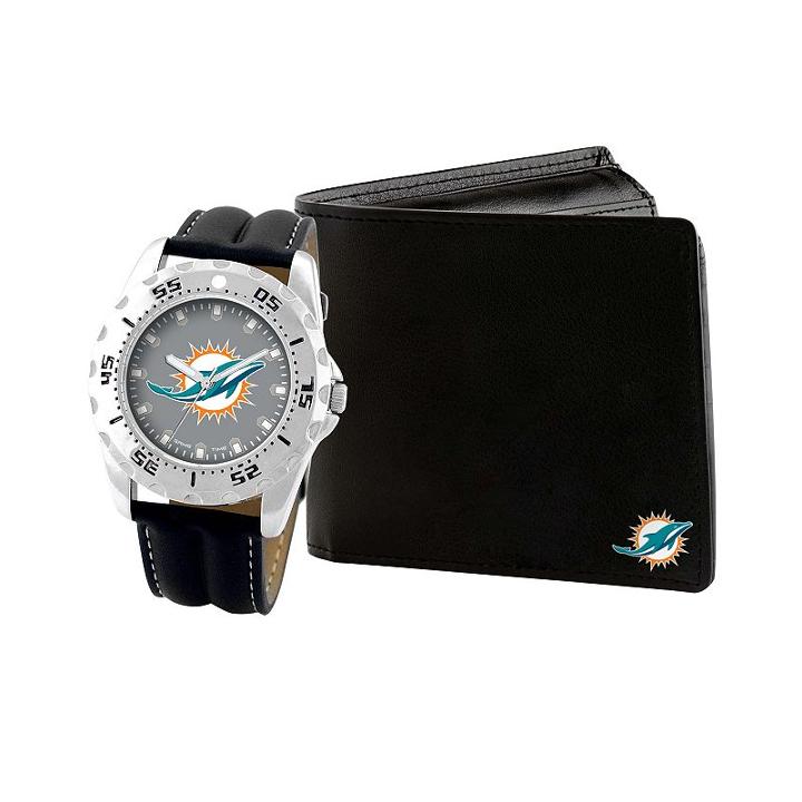 Game Time, Men's Miami Dolphins Watch & Wallet Set - Black