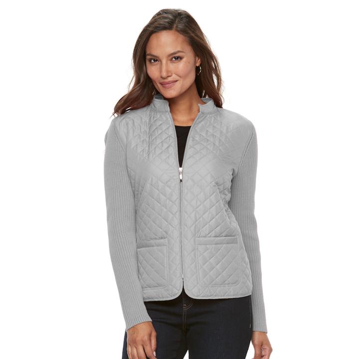 Women's Croft & Barrow&reg; Quilted Zip Sweater Jacket, Size: Medium, Med Grey