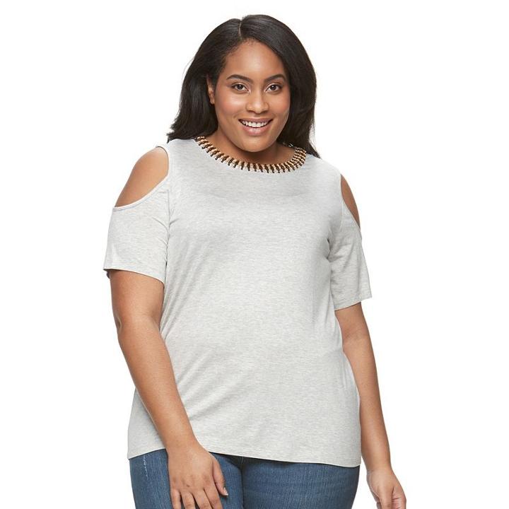 Plus Size Design 365 Beaded Cold-shoulder Top, Women's, Size: 2xl, White Oth