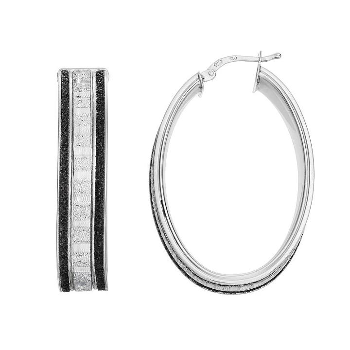Platinum Over Silver Glitter Oval Hoop Earrings, Women's