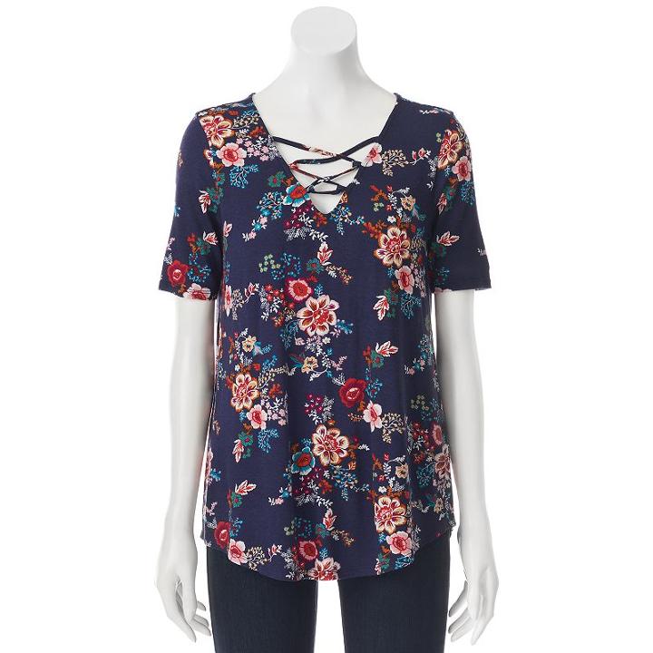 Juniors' Pink Rose Cross Front V-neck Tee, Girl's, Size: Large, Blue (navy)