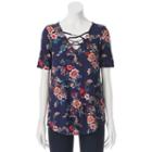 Juniors' Pink Rose Cross Front V-neck Tee, Girl's, Size: Large, Blue (navy)