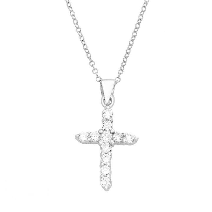 Sterling Silver Cubic Zirconia Cross Pendant - Kids, Girl's, White